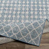 Close up of Blue Ivory Summit Indoor Outdoor Rug showing geometric pattern and texture. Fold