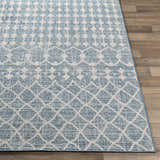 Close-up of Blue Ivory Summit Indoor Outdoor Area Rug showing geometric pattern and texture on wood floor. Front