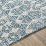 Close-up of the Blue Ivory Summit Indoor & Outdoor Area Rug, showcasing its bohemian floral pattern and textured weave. Texture