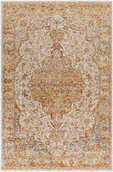 Detailed view of the Aman Beige Area Rug, featuring a traditional floral pattern in brick red, mustard, and navy. Design-Rectangle-575