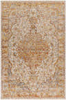 Detailed view of the Aman Beige Area Rug, featuring a traditional floral pattern in brick red, mustard, and navy. Design-Rectangle-575