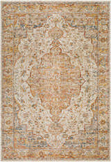 Detailed view of the Aman Beige Area Rug, showcasing its traditional floral pattern and warm colors like brick red, mustard, and navy. Design-Rectangle-6796