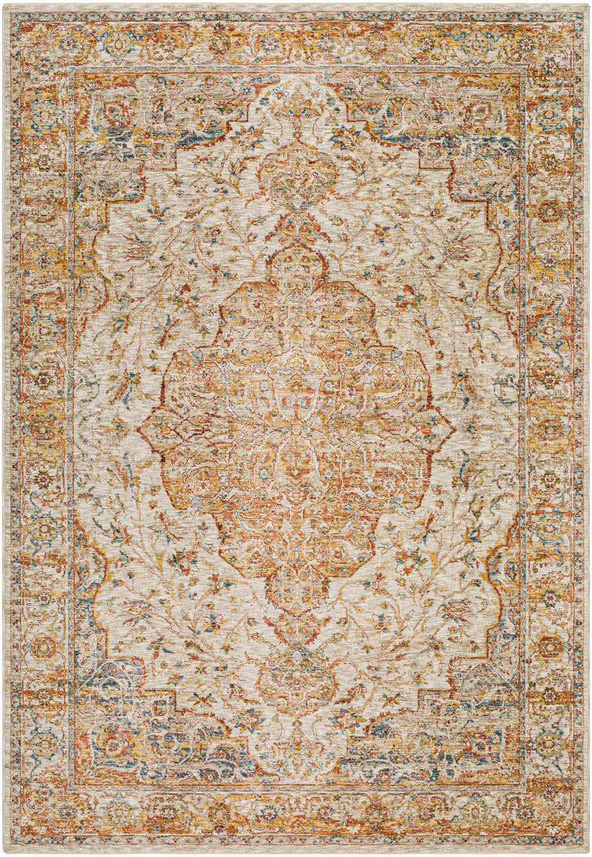 Detailed view of the Aman Beige Area Rug, showcasing its traditional floral pattern and warm colors like brick red, mustard, and navy. Design-Rectangle-6796