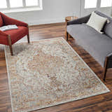 Living room scene with Aman Beige Area Rug, red chair, and gray sofa on a wood floor. Roomscene-Rectangle