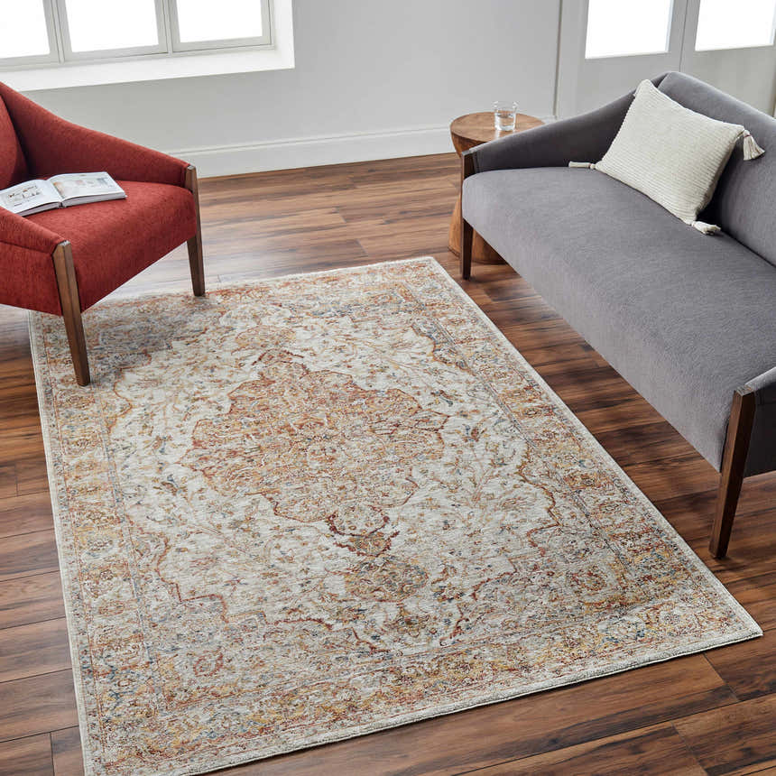 Living room scene with Aman Beige Area Rug, red chair, and gray sofa on a wood floor. Roomscene-Rectangle