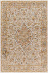 Detailed view of the Canan Textured Rug with Fringes. Beige rug with traditional floral pattern in brick red, mustard, and navy. Design-Rectangle-575