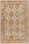 Close-up of the Crescentia Cream Textured Rug with Fringes, featuring brick red, mustard, and navy traditional patterns. Design-Rectangle-575