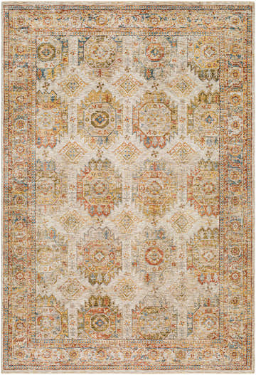 Detailed view of the Crescentia Cream Textured Rug. Farmhouse style with brick red, blue, and mustard geometric patterns. Design-Rectangle-6796