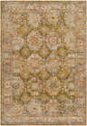 Detailed view of the Crescentia Green Textured Rug with Fringes, showcasing its traditional pattern and colors like olive, red, and blue. Design-Rectangle-6796