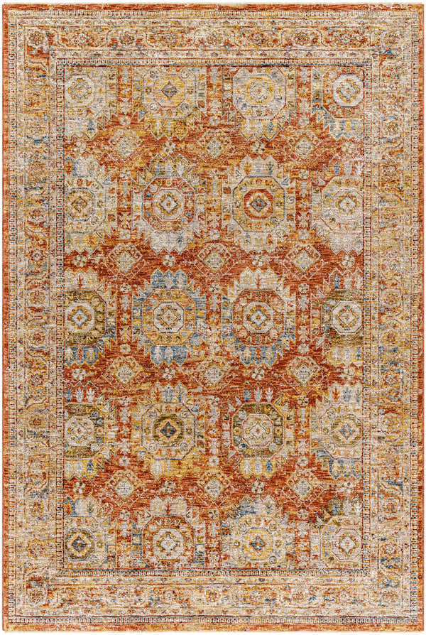 Detailed Crescentia Rust Area Rug close-up. Traditional farmhouse style with brick red, mustard, and navy geometric patterns. Design-Rectangle-575