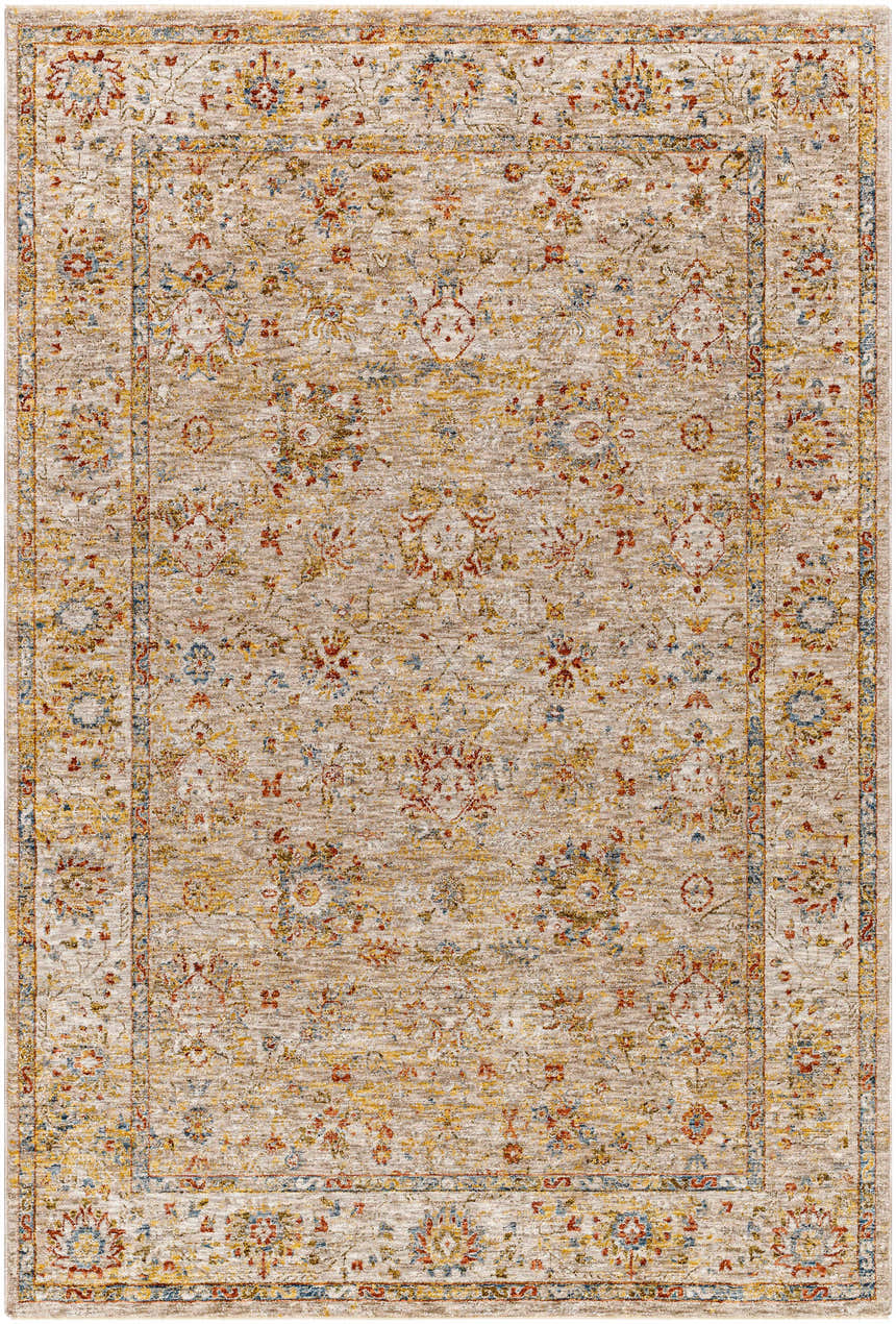 Duong Beige Textured Rug with Fringes: a machine-woven rug with brick red, mustard, and blue floral traditional pattern. Design-Rectangle-575