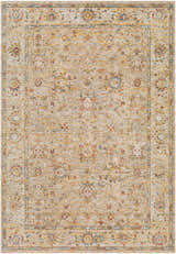 Close-up of the Duong Beige Textured Rug, a machine-woven rug with a traditional floral pattern in beige, red, blue, and yellow. Design-Rectangle-6796
