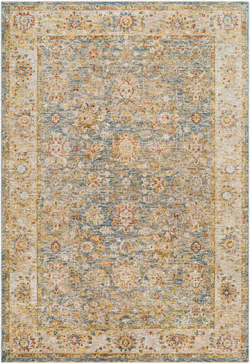 Close-up of Duong Beige & Blue Textured Rug. Farmhouse style rug with brick red, mustard, and navy floral pattern. Design-Rectangle-6796