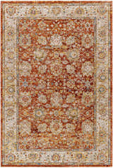 Detailed Duong Rust Textured Rug. Features brick red, tan, and blue floral patterns. Farmhouse style. Design-Rectangle-575