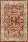 Detailed Duong Rust Textured Rug. Features brick red, tan, and blue floral patterns. Farmhouse style. Design-Rectangle-575