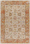 Close-up of the Duong Beige & Rust Textured Rug with Fringes. Features a traditional floral pattern and brick red border. Design-Rectangle-575