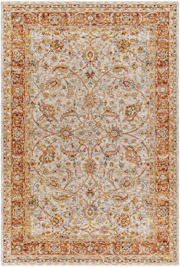 Close-up of the Dyan Cream Textured Rug with Fringes. Features a traditional floral pattern in brick red, mustard, and blue. Design-Rectangle-575