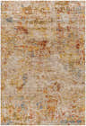Close-up of the Eula Textured Rug. Abstract design in brick red, mustard, dark blue, and sage on a tan background. Design-Rectangle-575