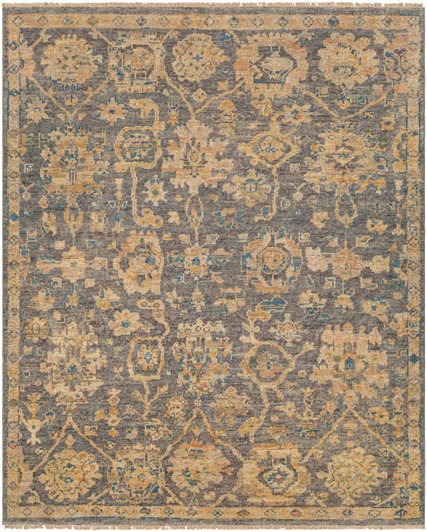 Detailed Beige Gray Amazu Area Rug with traditional floral pattern in blue, charcoal, tan, and wheat. Hand-knotted wool texture. Design-Rectangle-810
