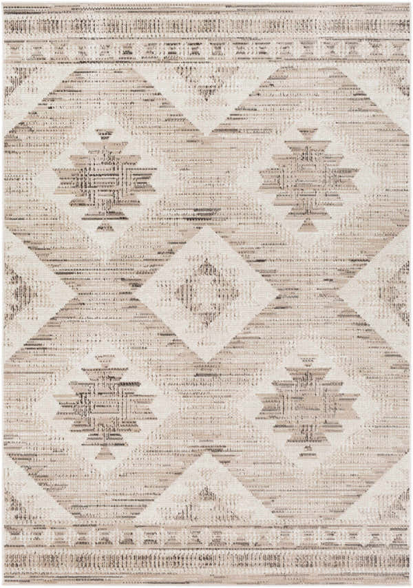 Close-up of Smoketown Area Rug. Jute and polypropylene rug with a black, tan, and white geometric Southwestern pattern. Design-Rectangle-5376