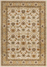 Close-up of the hand-tufted Smoot Area Rug. Beige rug with brown, tan, and olive floral pattern and traditional border. Design-Rectangle-1014