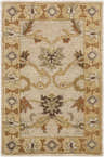Close-up of the hand-tufted Smoot Area Rug. Beige wool rug with traditional brown, olive, and tan floral and geometric pattern. Design-Rectangle-23