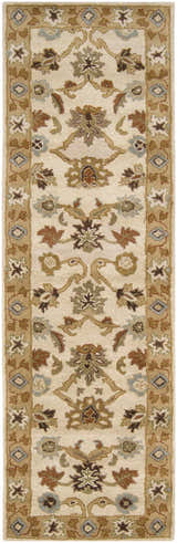 Close-up of the Smoot Area Rug. Hand-tufted wool rug with traditional floral pattern in brown, beige, olive, and slate blue. Design-Runner-268