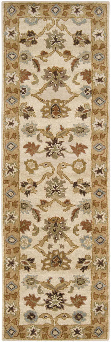 Close-up of the Smoot Area Rug. Hand-tufted wool rug with traditional floral pattern in brown, beige, olive, and slate blue. Design-Runner-268