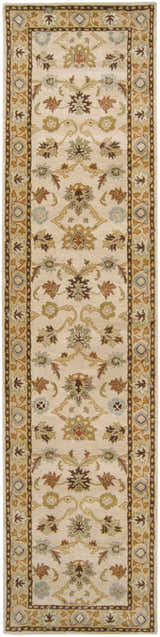 Hand tufted Smoot Area Rug. Beige wool runner with traditional floral and geometric pattern in brown, olive, and slate blue. Design-Runner-312