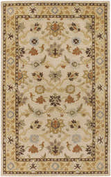 Detailed floral pattern on a beige Smoot Area Rug. Colors include brown, burnt orange, olive, and slate blue. Design-Rectangle-58
