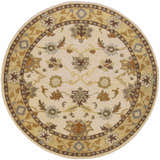 Detailed round Smoot Area Rug in light beige wool with brown, olive, and slate floral and geometric patterns. Design-Round-6