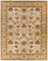 Detailed floral pattern on a beige Smoot Area Rug. Colors include brown, burnt orange, and slate blue. Design-Rectangle-7696