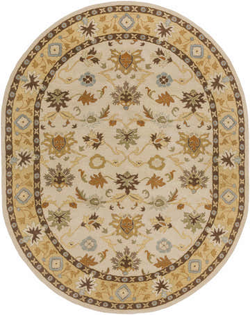 Oval Smoot Area Rug with beige background and floral pattern in brown, olive, tan, and slate blue. Hand-tufted wool rug. Design-Oval-810