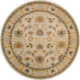 Round Smoot Area Rug with traditional floral pattern in light beige, brown, olive, peach, and slate blue. Hand-tufted wool texture. Design-Round-8