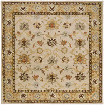 Detailed square Smoot Area Rug with a traditional floral pattern in light beige, brown, and olive tones. Hand-tufted wool texture. Design-Square-8