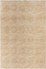 Close-up of the Dekan Tan Area Rug. Light brown polyester rug with a geometric diamond pattern and a farmhouse style. Design-Rectangle-6796
