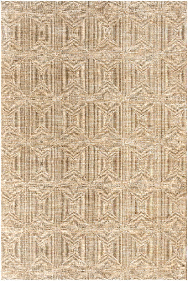 Close-up of the Dekan Tan Area Rug. Light brown polyester rug with a geometric diamond pattern and a farmhouse style. Design-Rectangle-6796