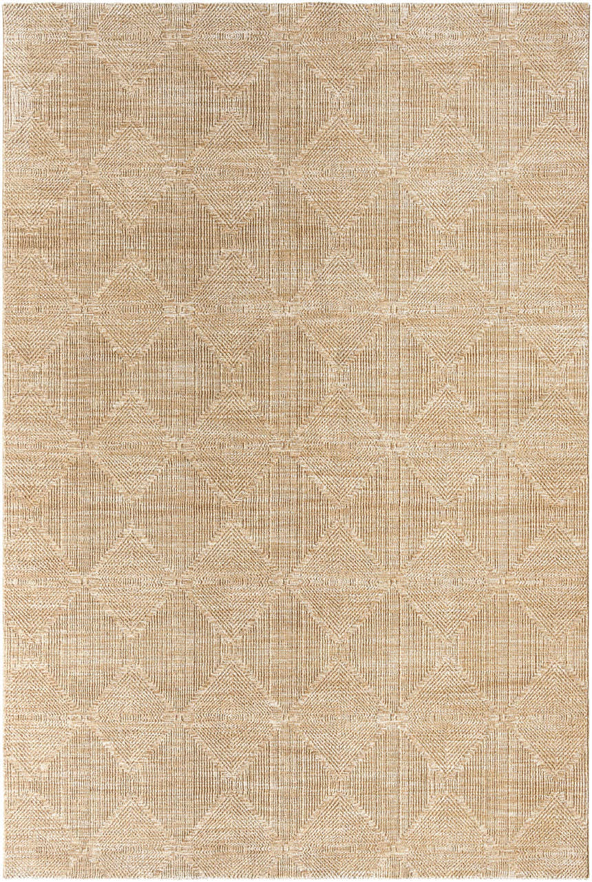 Close-up of the Dekan Tan Area Rug. Light brown polyester rug with a geometric diamond pattern and a farmhouse style. Design-Rectangle-6796