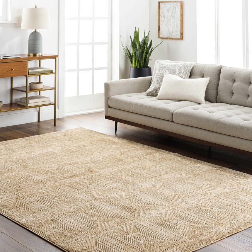 Living room scene with a tan sofa and the Dekan Tan Area Rug featuring a geometric pattern. Roomscene-Rectangle