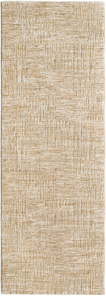 Close-up of the Goren Beige Area Rug, featuring a textured, contemporary block pattern in khaki and tan polyester. Design-Runner-2773