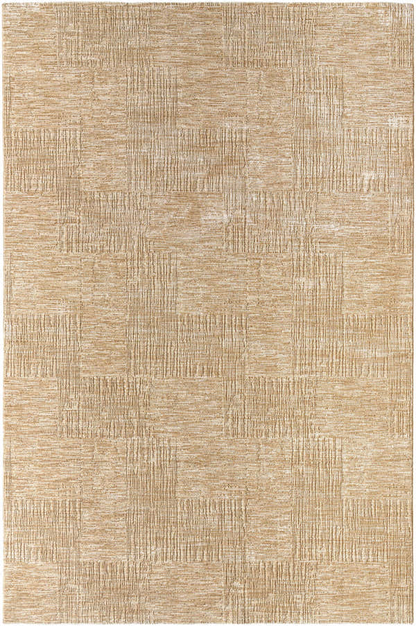 Close-up of the Goren Beige Area Rug. Tan and khaki rug with a contemporary geometric pattern and textured look. Design-Rectangle-6796