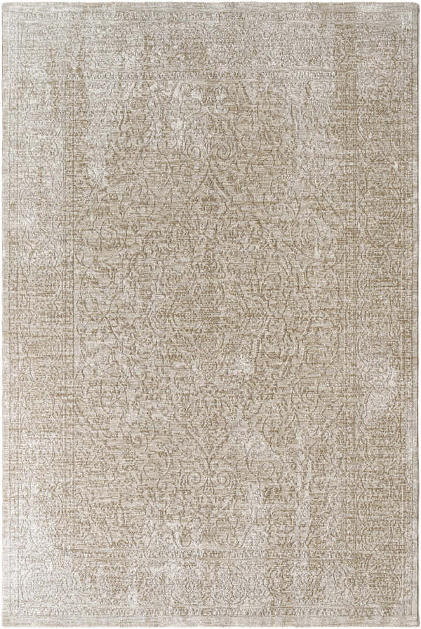 Close-up of the Josie Area Rug in beige, showcasing its traditional, subtly textured floral and border pattern. Design-Rectangle-6796