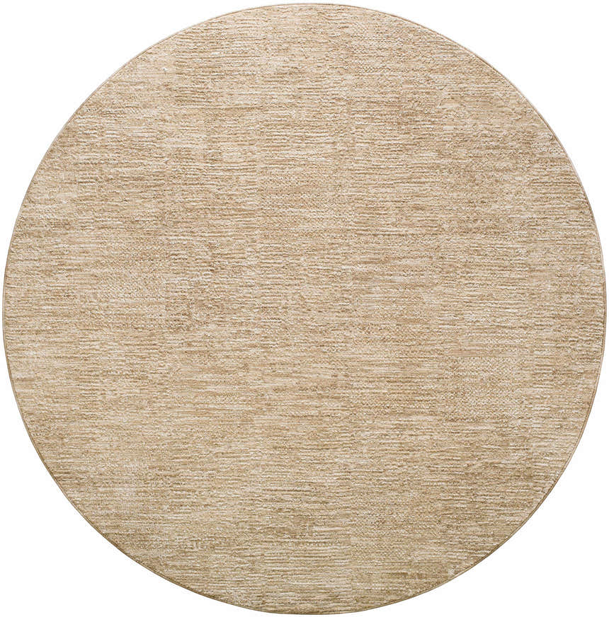 Close-up of a round Kahua Tan Area Rug. The rug has a subtle, textured pattern in neutral tan tones. Design-Round-67