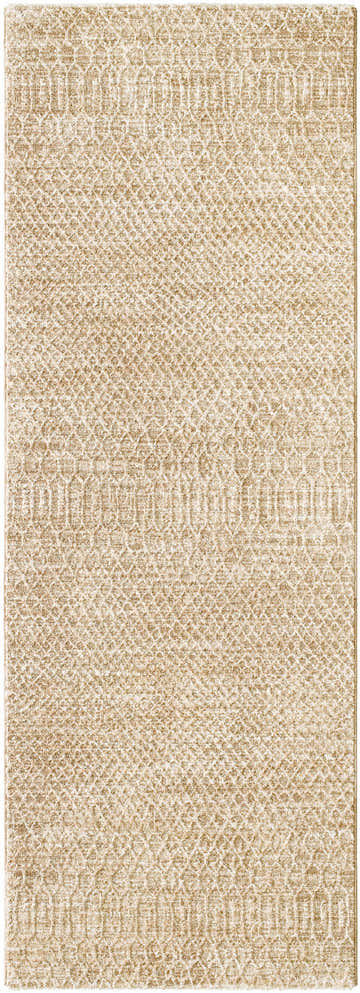 Close-up of the Kamin Area Rug. Tan polyester rug with a subtle geometric trellis pattern and soft texture. Design-Runner-2773