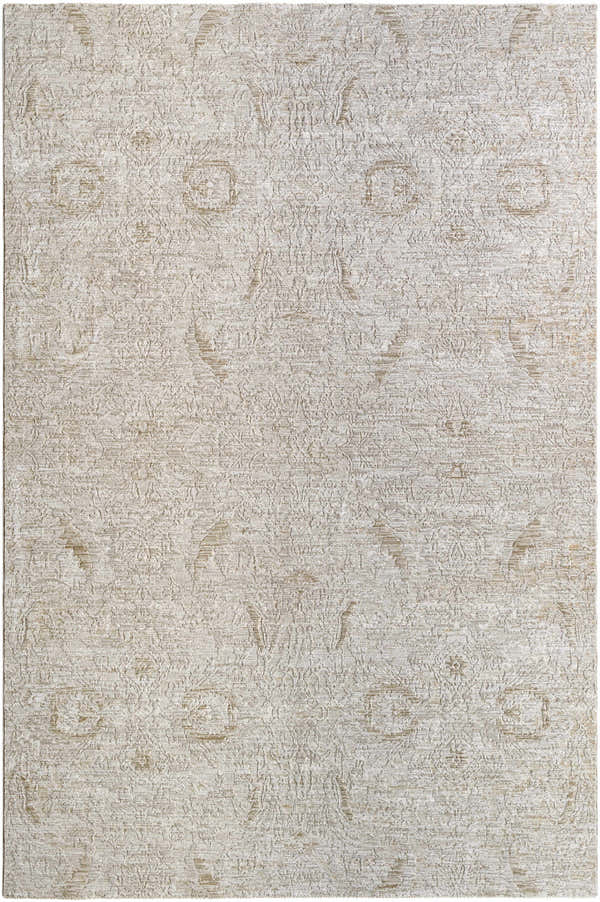 Close-up of the Katia Area Rug. Light gray and natural gray traditional pattern, machine woven polyester texture. Design-Rectangle-6796