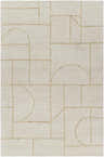 Close-up of the hand-tufted Sanaz Ivory Area Rug, featuring a geometric pattern with ash and tan lines on a wool texture. Design-Rectangle-576