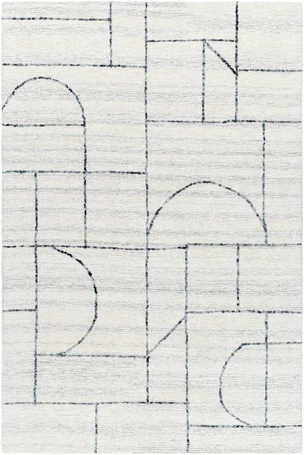 Close-up of Sanaz Charcoal Area Rug. Hand-tufted wool rug with a light silver and off white geometric pattern. Design-Rectangle-576