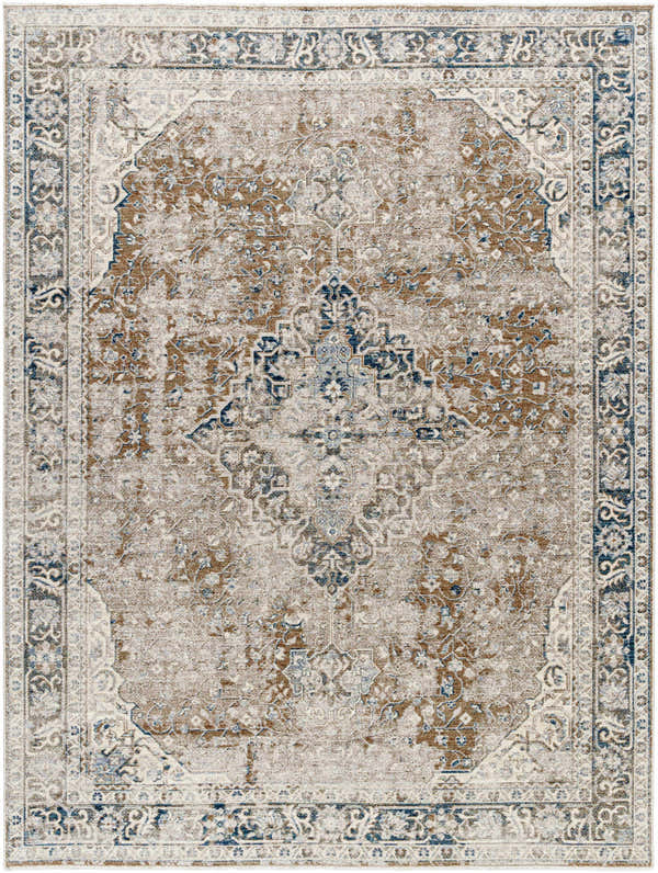 Close-up of the Jemma Brown Medallion Area Rug, featuring a traditional light gray, natural gray, and blue floral pattern. Design-Rectangle-710106