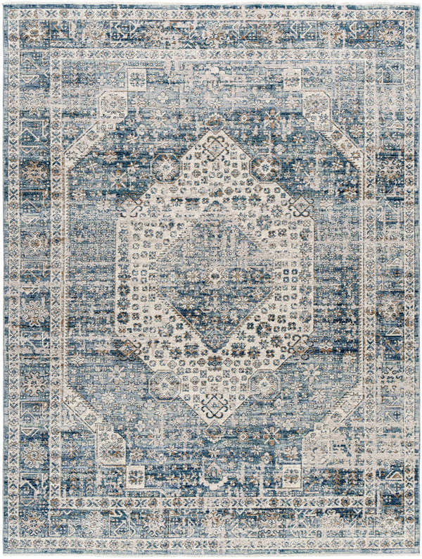 Detailed pattern of the Kalei Blue Area Rug featuring light gray and natural gray hues. Farmhouse style, machine woven. Design-Rectangle-710106