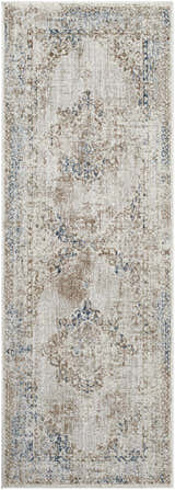 Kosta Beige & Blue Medallion Area Rug: Traditional farmhouse style with beige, brown, and blue distressed pattern. Design-Runner-2773